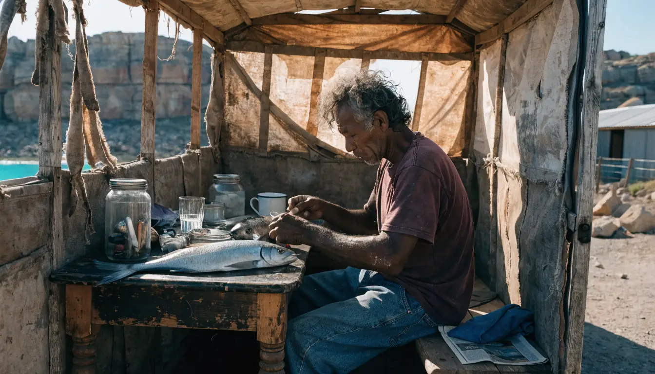 Fisherman working inside weathered caravan