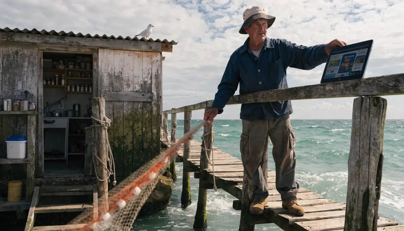 Fisherman checking bonus offers on jetty