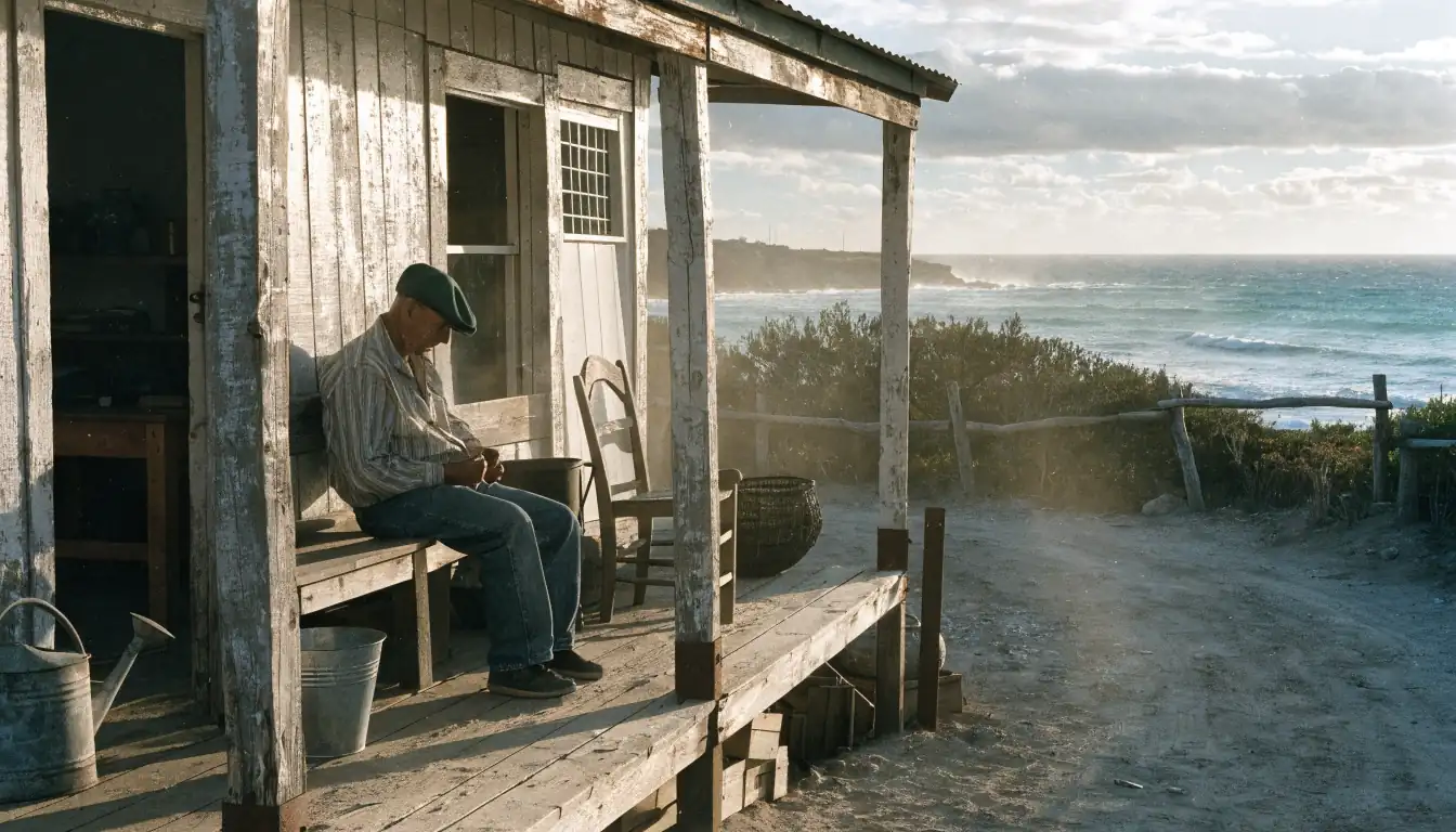 Lone figure on verandah by dusty coastal road
