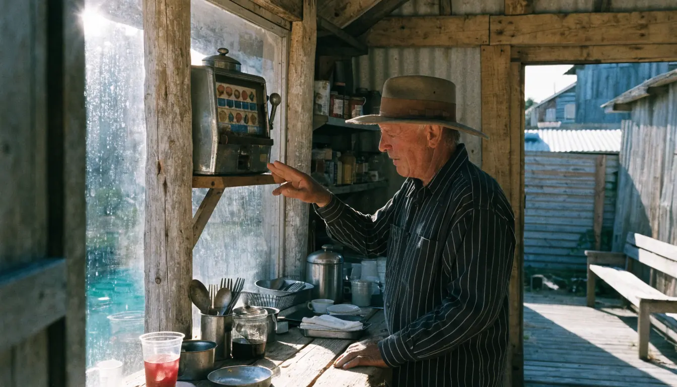 Shopkeeper showing classic fruit slot in kitchen