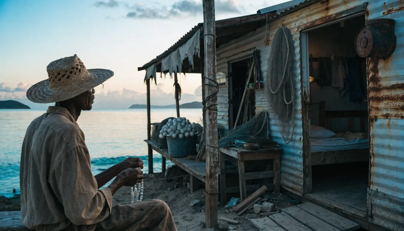 Fisherman beside trailer home contemplating slot RTP