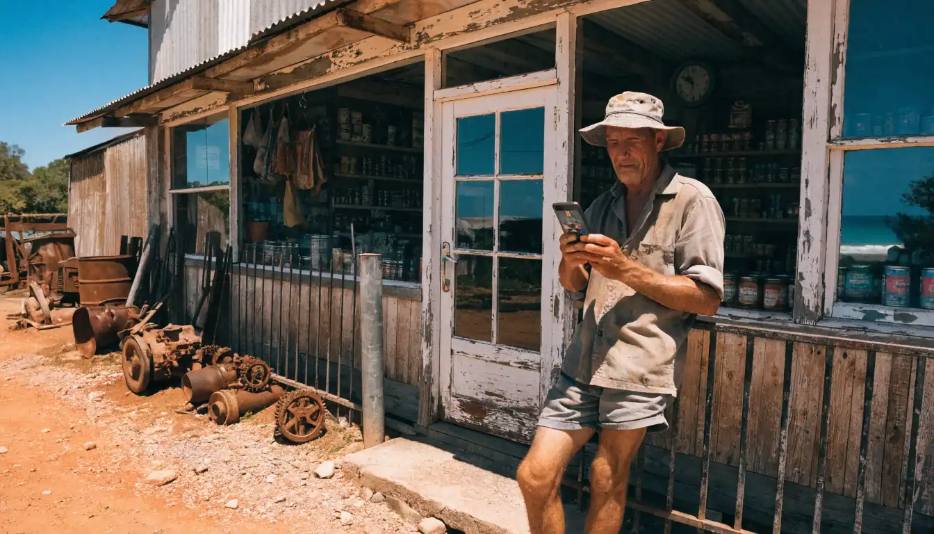 Shopkeeper playing pokie on phone in rusted yard