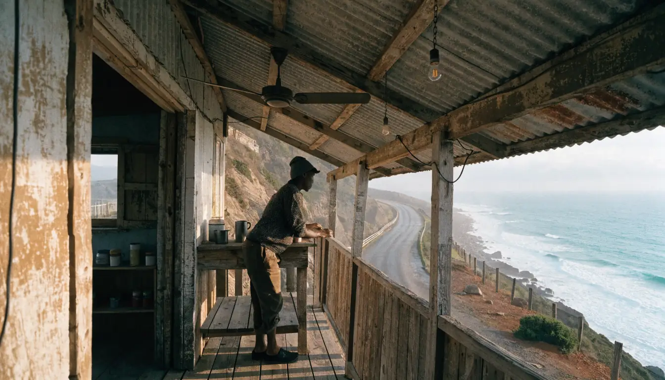 Person alone on cliffside verandah in early fog