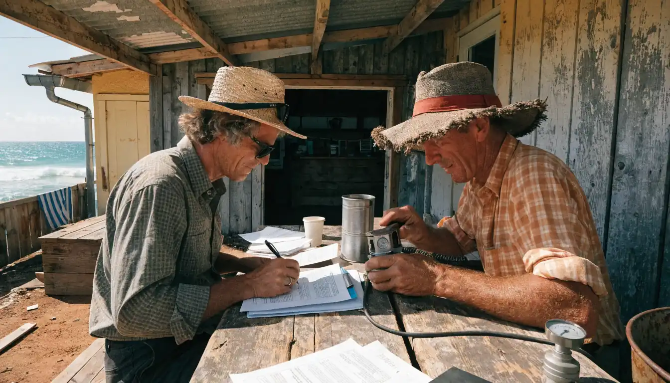Two people working together on seaside verandah under hot sun