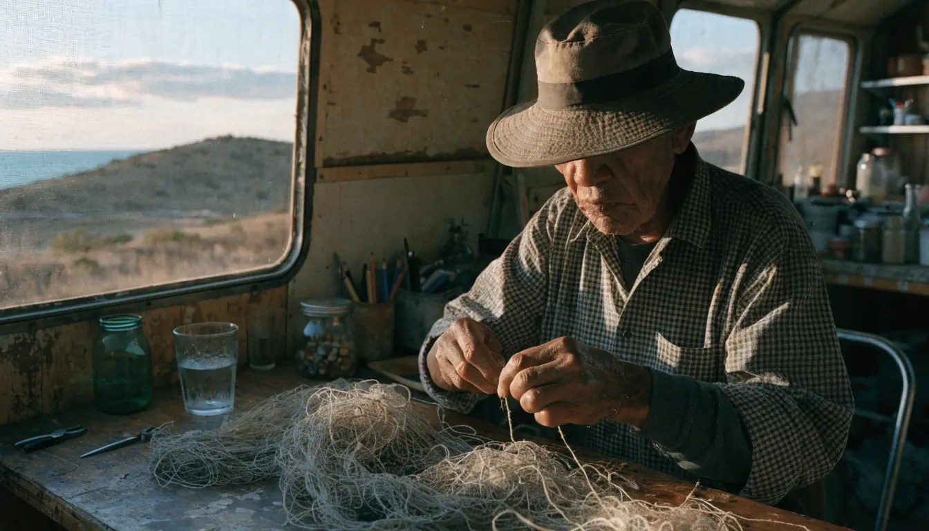 Fisherman inside an old caravan fixing nets at sunrise