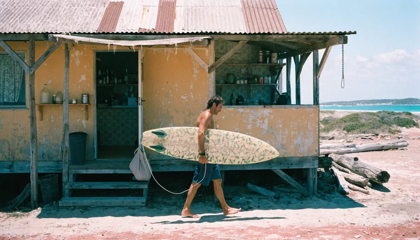 Surfer carrying board outside coastal trailer home