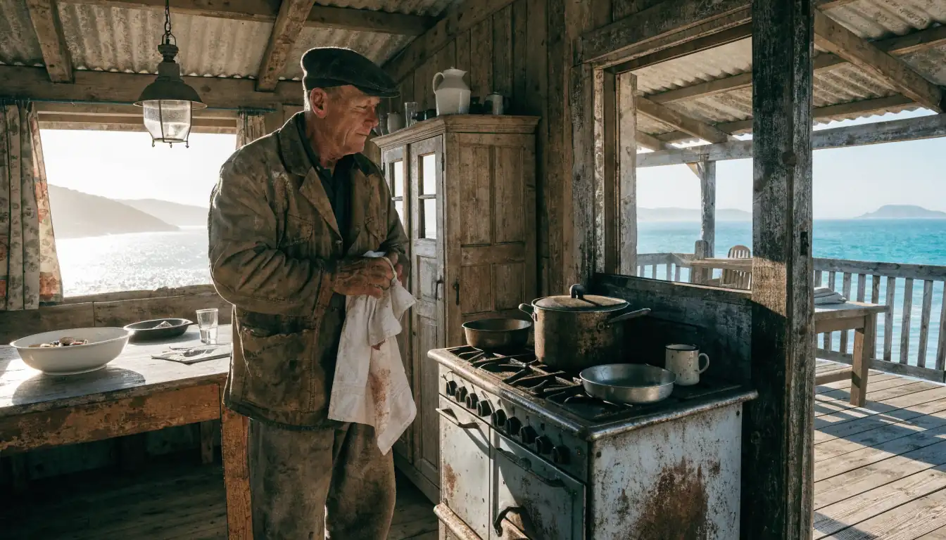Fisherman working in misty coastal kitchen