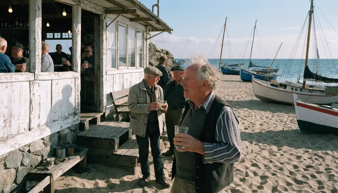 Locals on beach near fishing boats at sunset