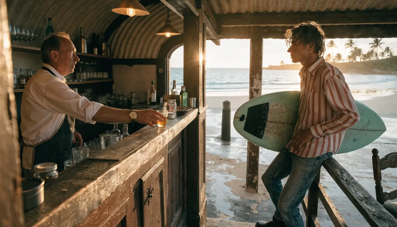 Surfer with board at sunset beach pub