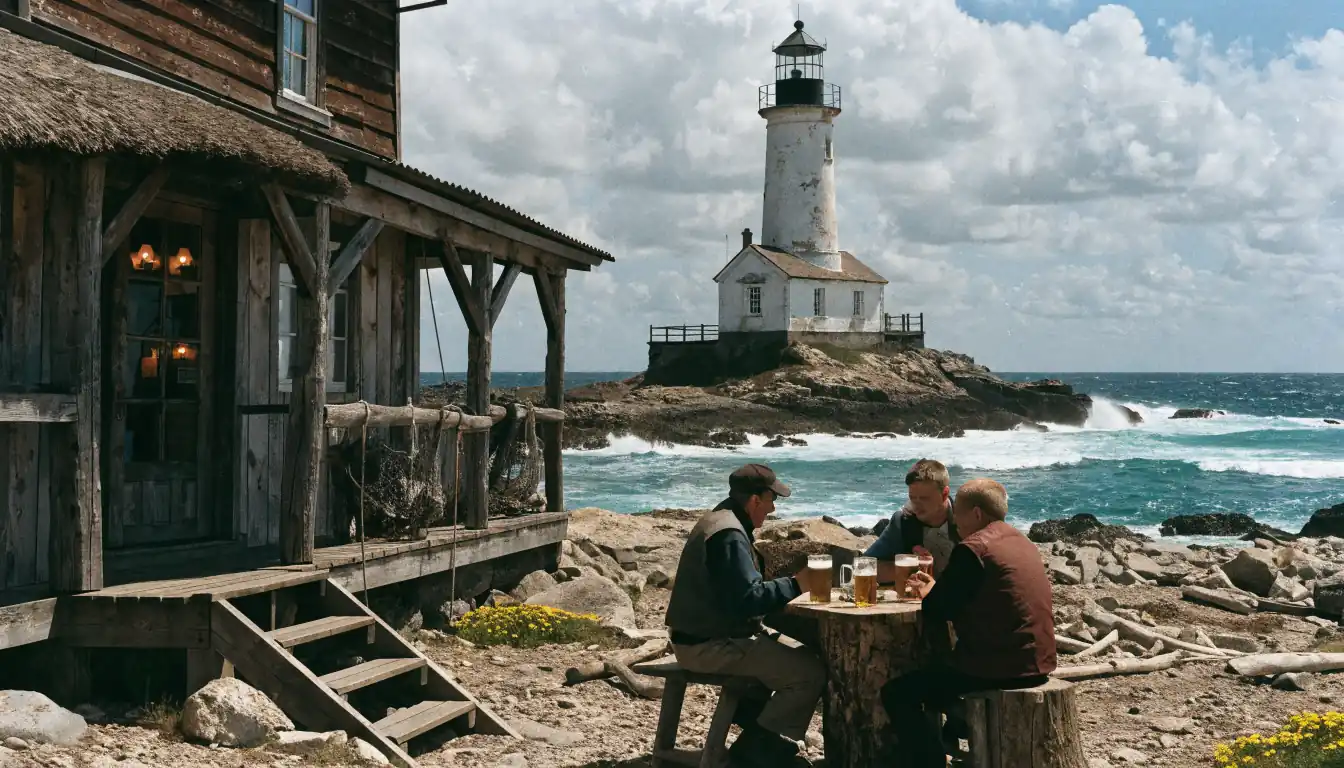 Lighthouse on headland, locals drinking in pub