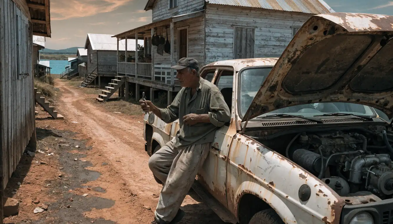 Mechanic leaning against old ute
