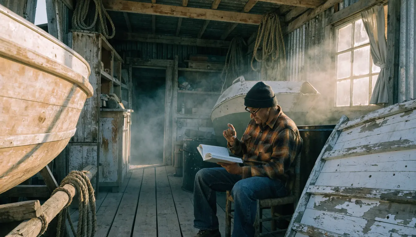 Man reading on verandah alone