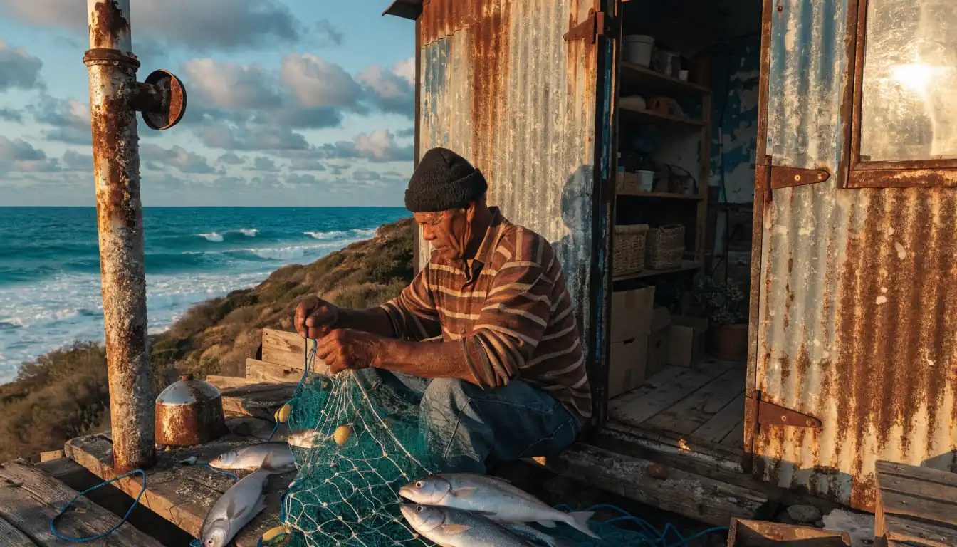 Fisherman working at sunset