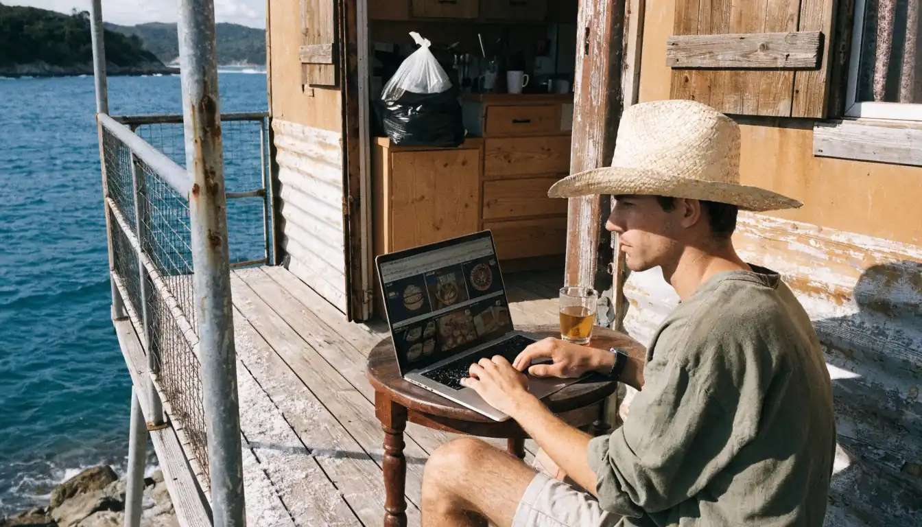 Traveler using laptop on trailer deck