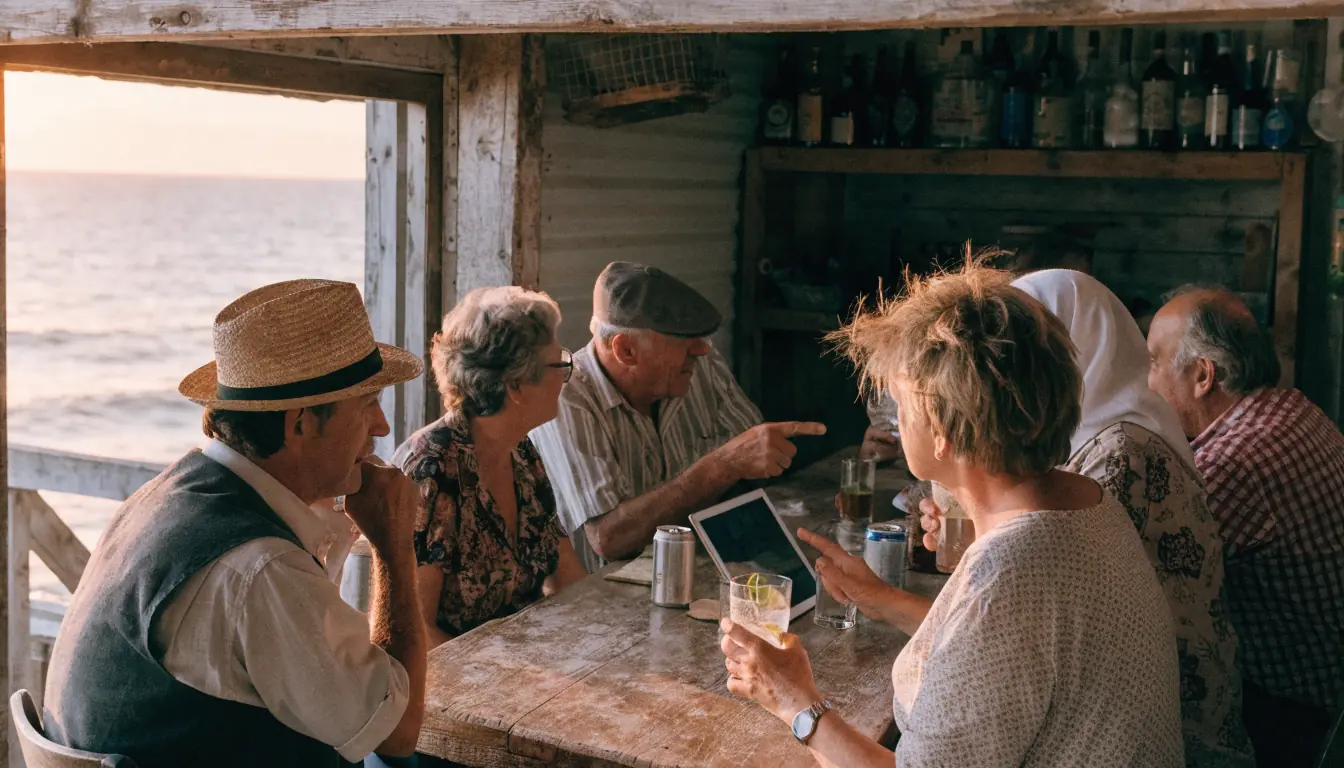 Locals in a seaside shack discussing casino bonuses
