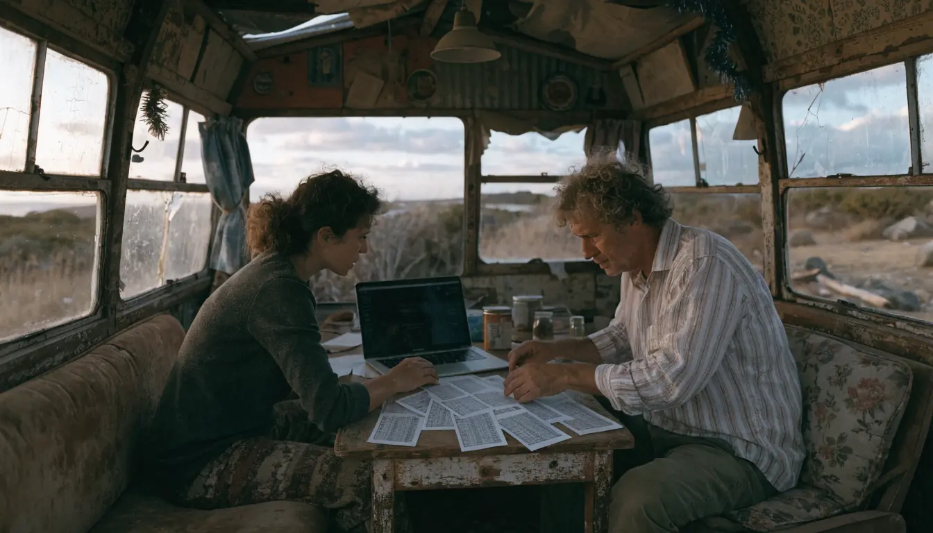 Two people collaborating inside dusty caravan at dusk