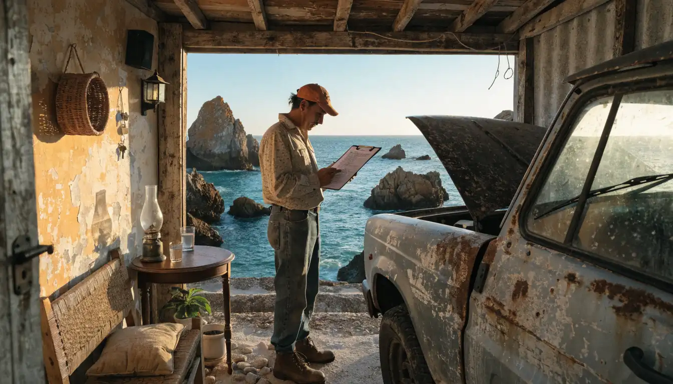 Mechanic reviewing a paper list beside old ute