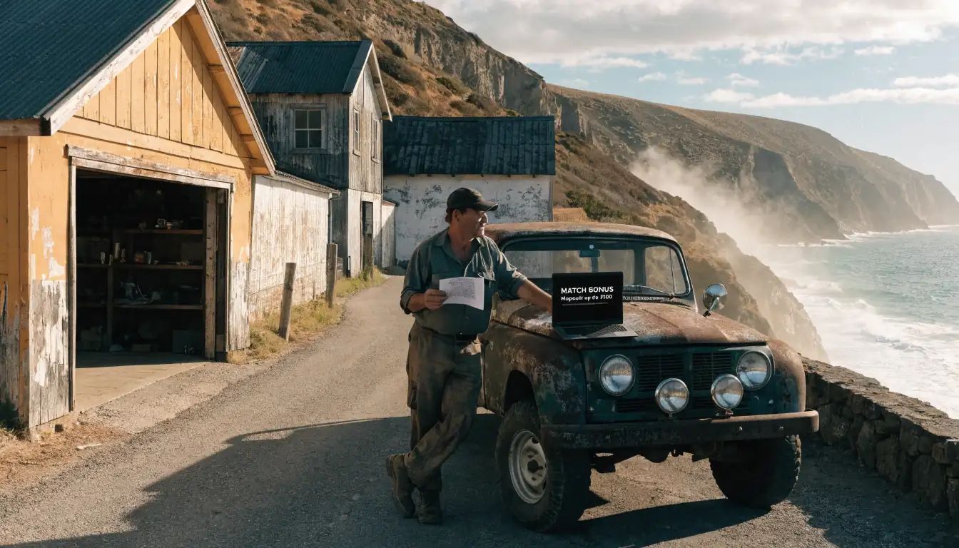 Mechanic showing deposit receipt beside old ute