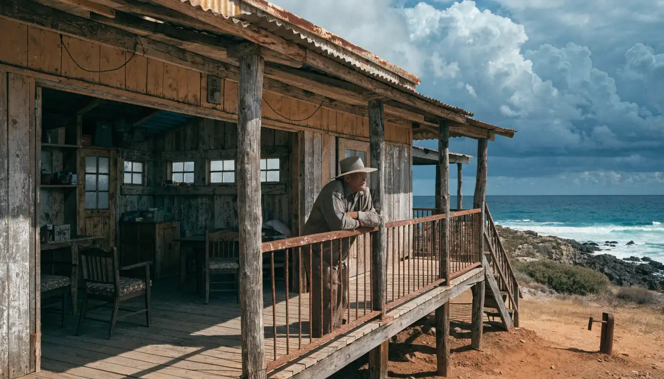 Person alone on verandah at sunrise