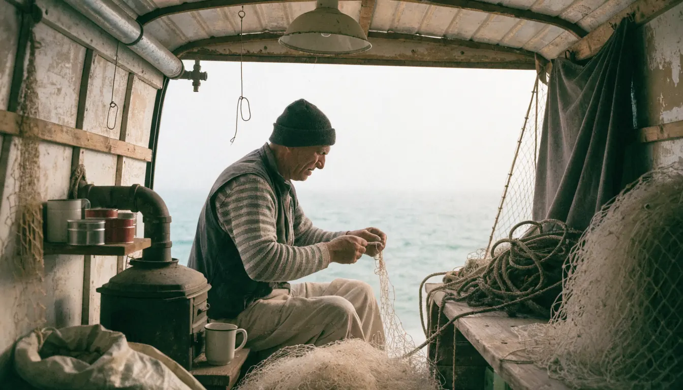 Fisherman working inside foggy caravan