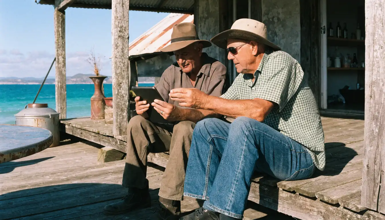 Two people setting up PayID on verandah