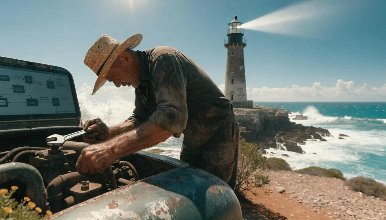 Mechanic by ute near lighthouse, payment diagram