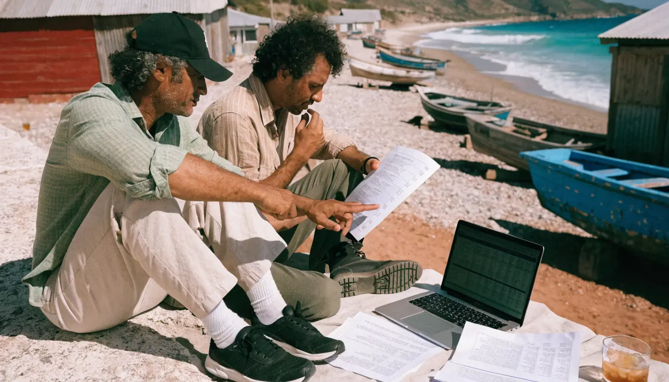 Two workers reviewing fees on beach