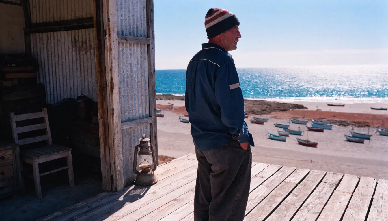 Man on verandah watching fishing boats at noon