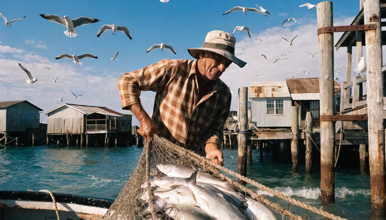 Fisherman hauling net at sunrise
