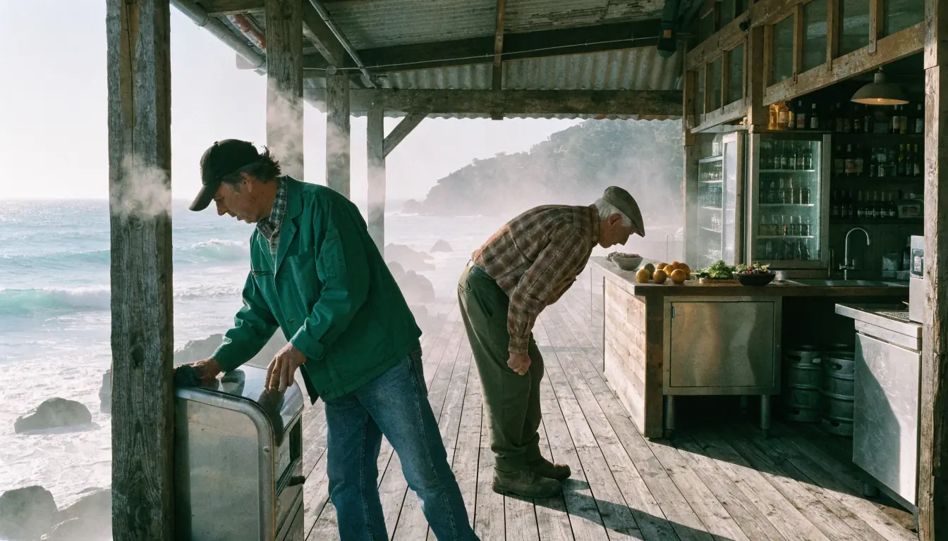 Two workers polishing a pokie in foggy pub