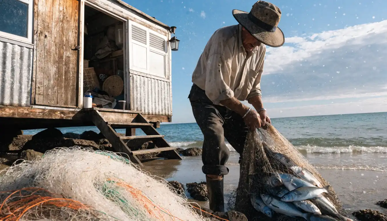 Fisherman pulling net by coastal trailer