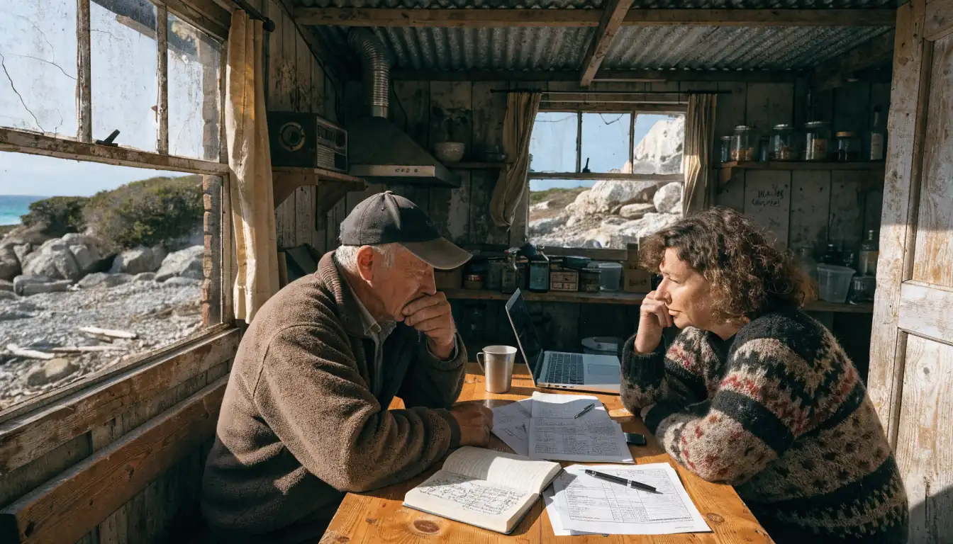 Two people reviewing slot data in a coastal shack