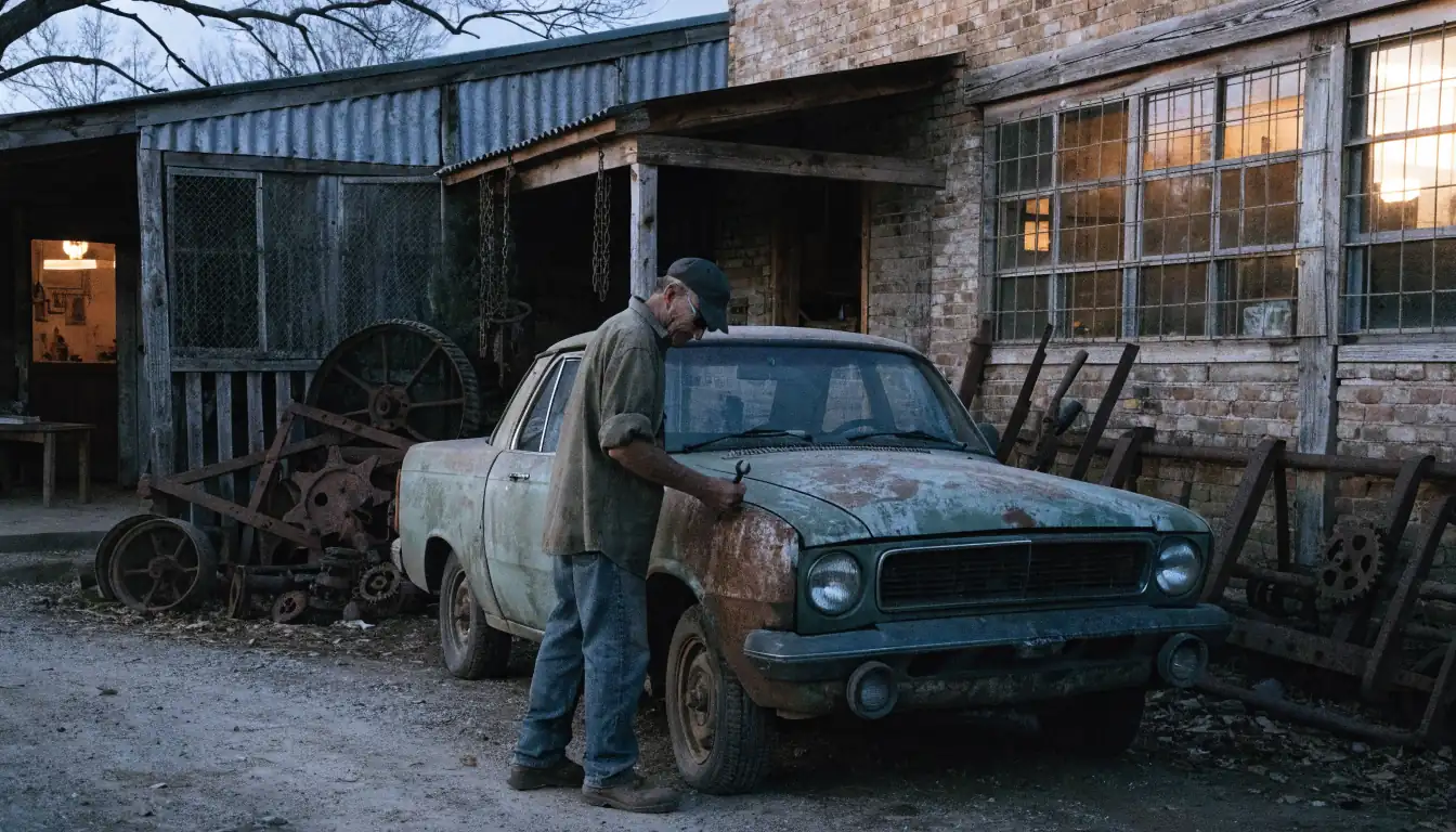Mechanic beside rusted ute in dusty yard