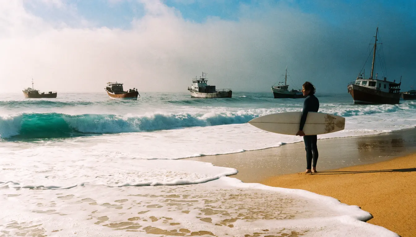 Surfer with board on foggy beach