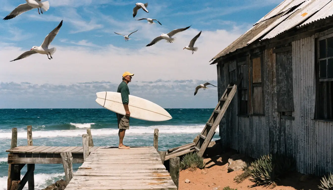Surfer on a sun‑bleached wooden jetty