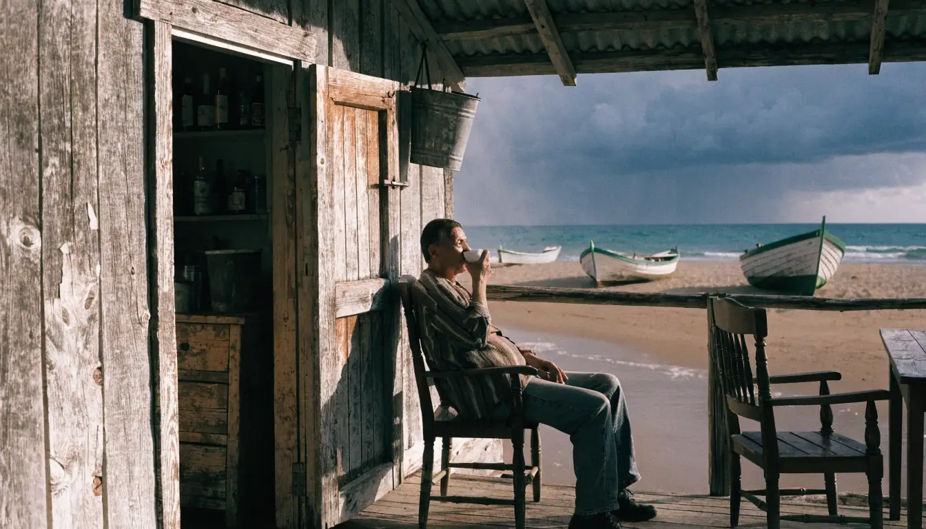 Person alone on verandah at dusk