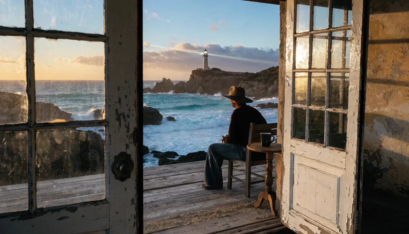 Lighthouse, sunset, lone person on verandah