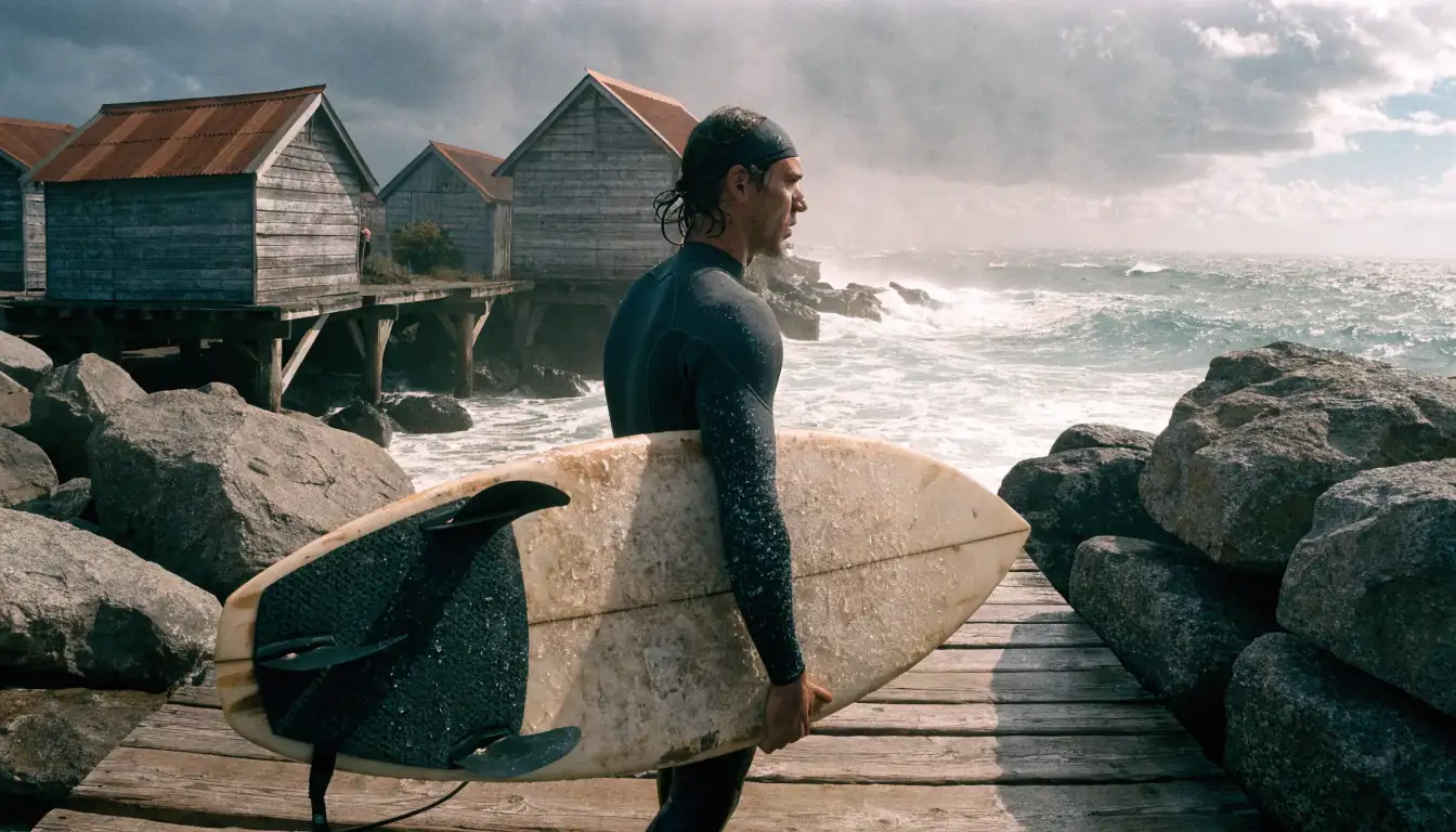 Surfer walking on misty pier at sunrise