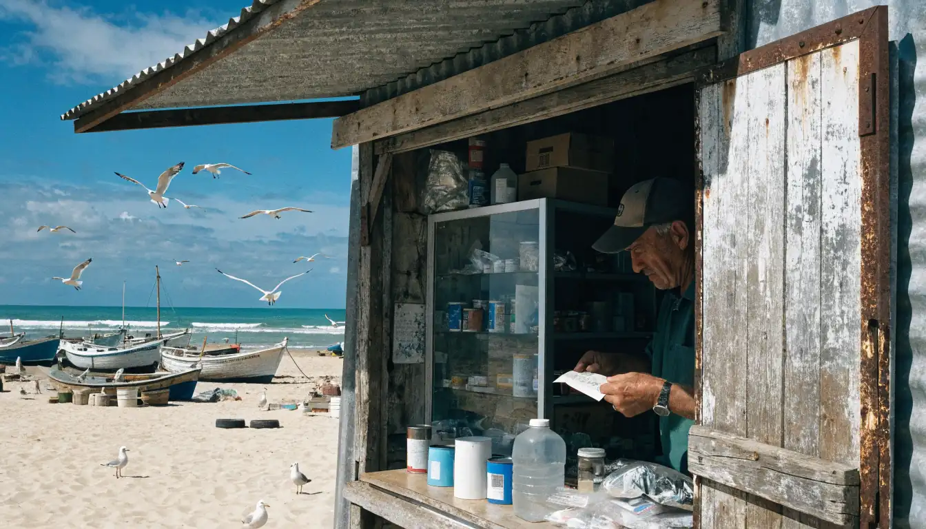 Shopkeeper at beachside counter under midday sun