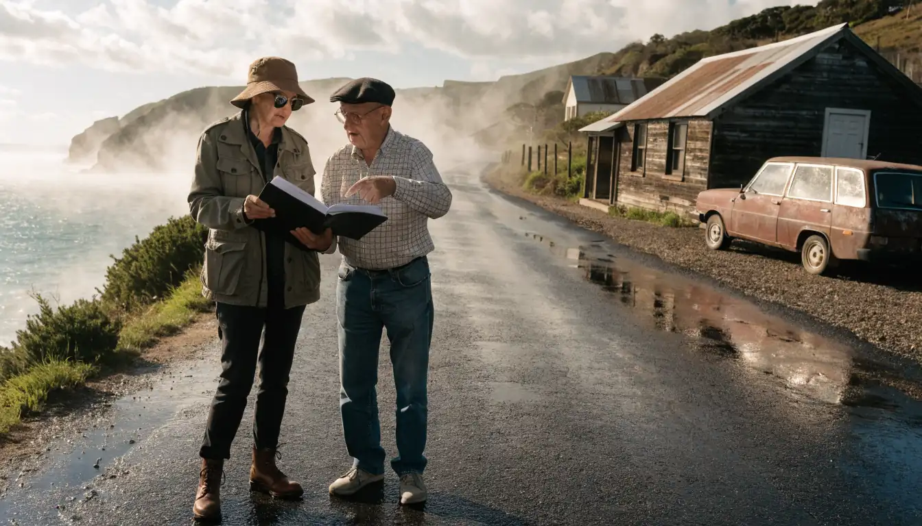 Two people review legal documents on a cliff road