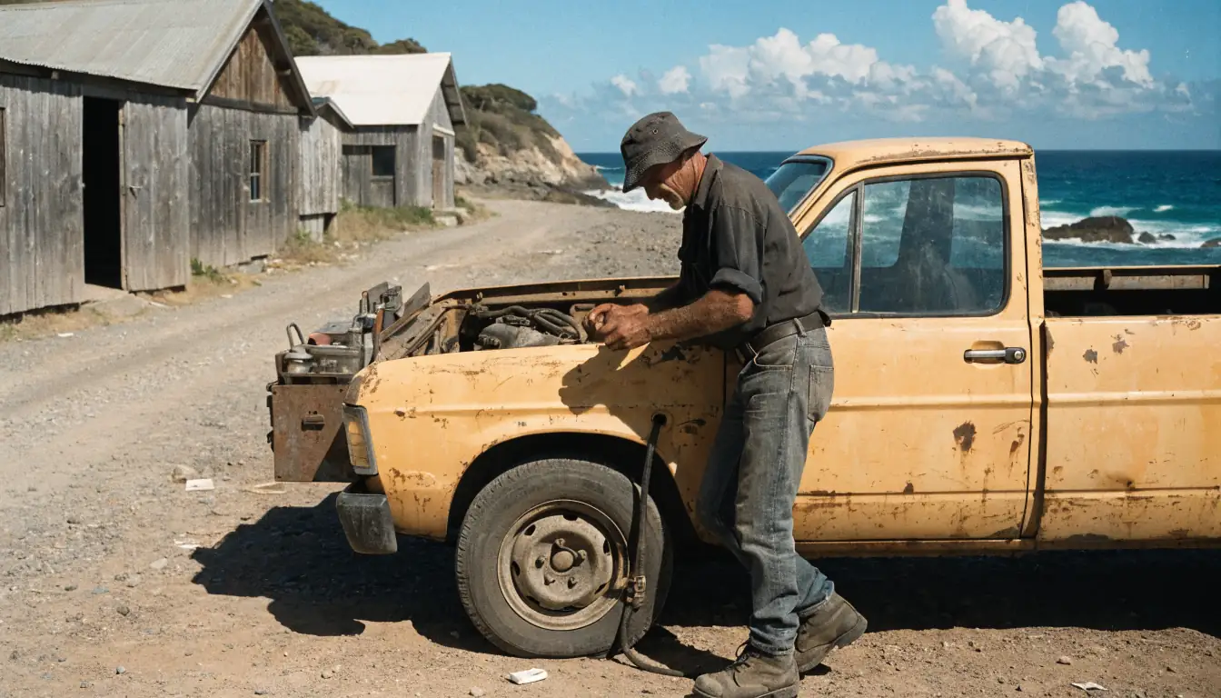 Mechanic inspecting old ute on dusty coastal road