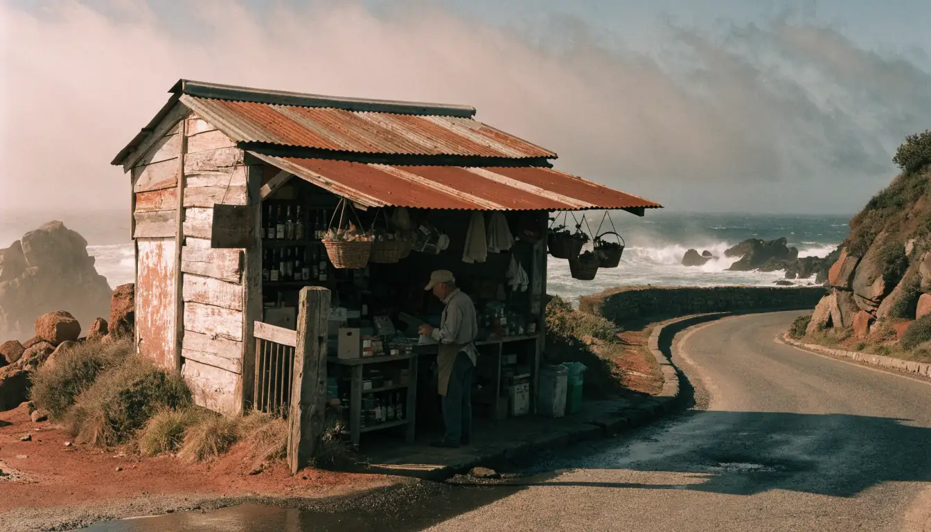 Shopkeeper behind counter on foggy cliff road