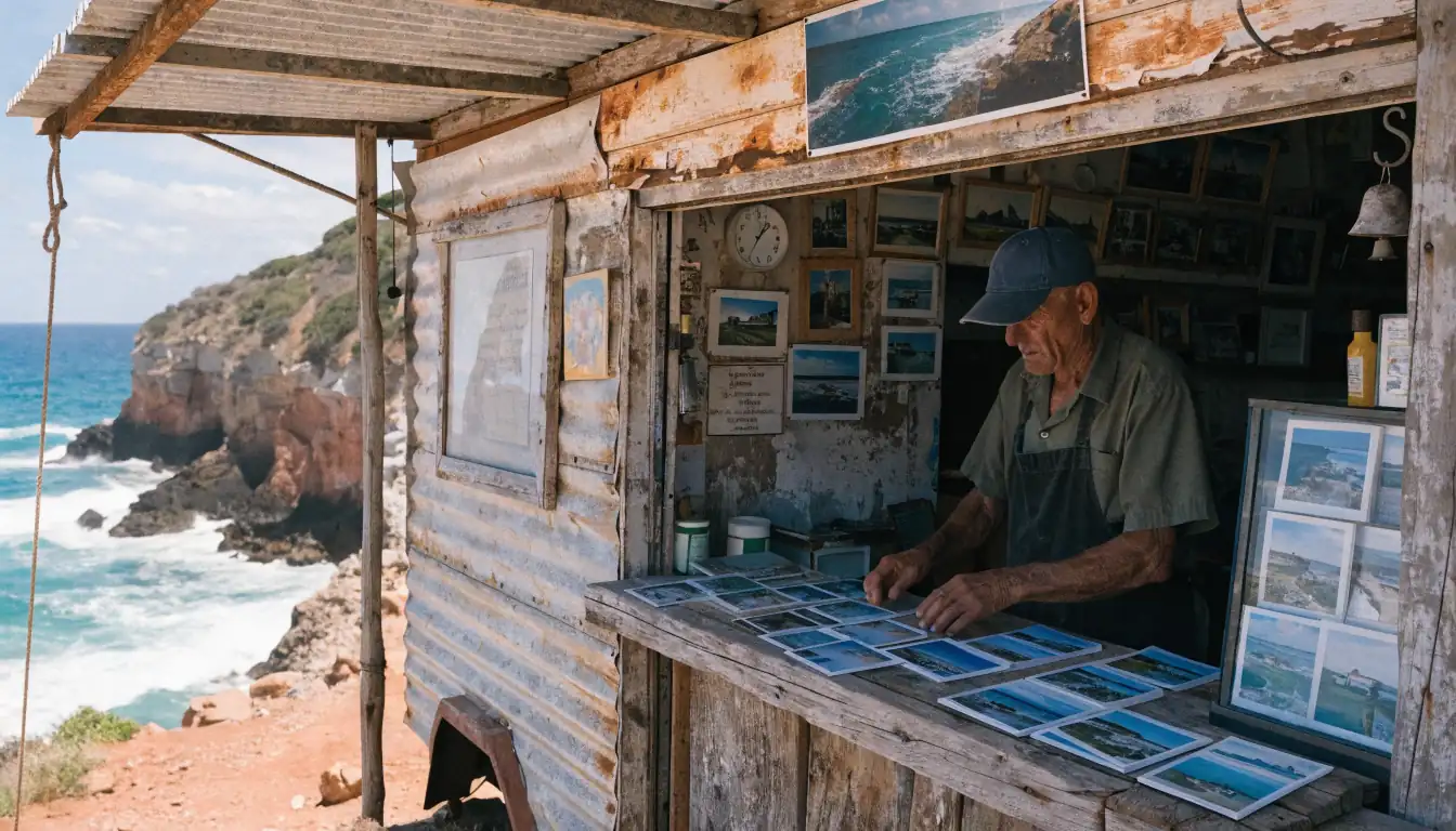 Coastal trailer home with shopkeeper behind counter