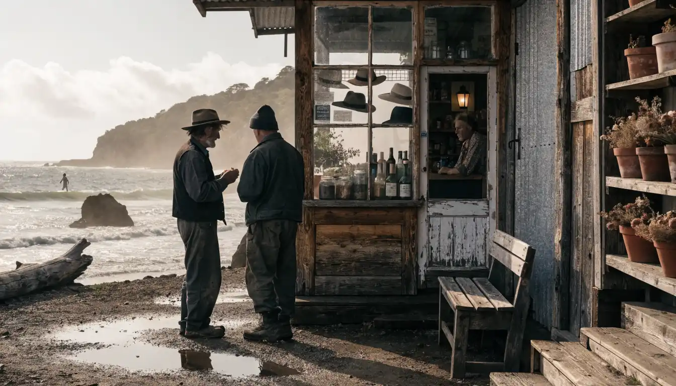 Foggy roadhouse shopkeeper discussing payment