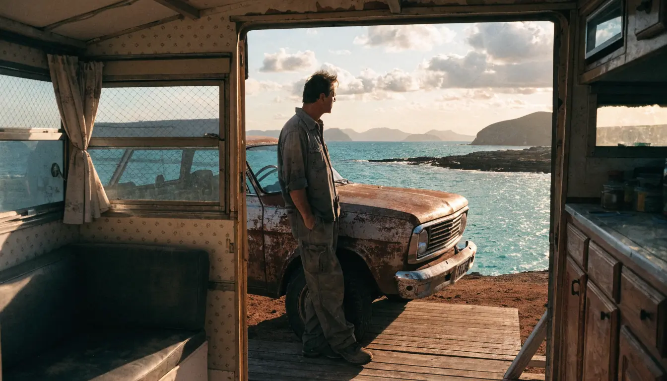 Mechanic beside rusty ute inside sunset caravan
