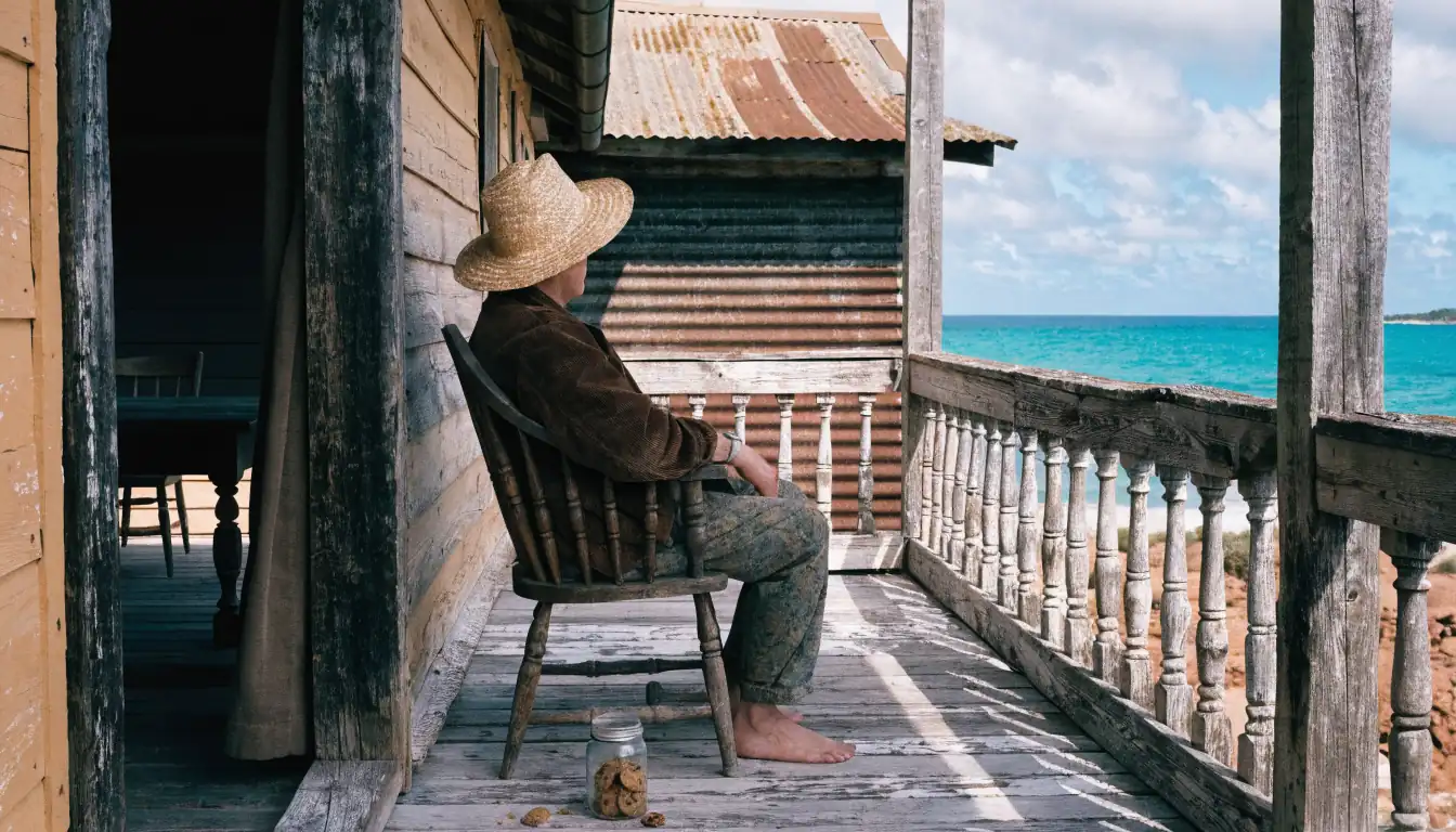 Person on verandah with cookies, sea view