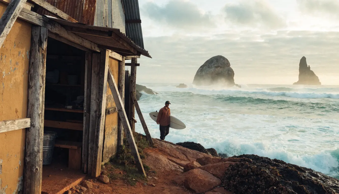 Surfer leaving a misty boat shed at dawn