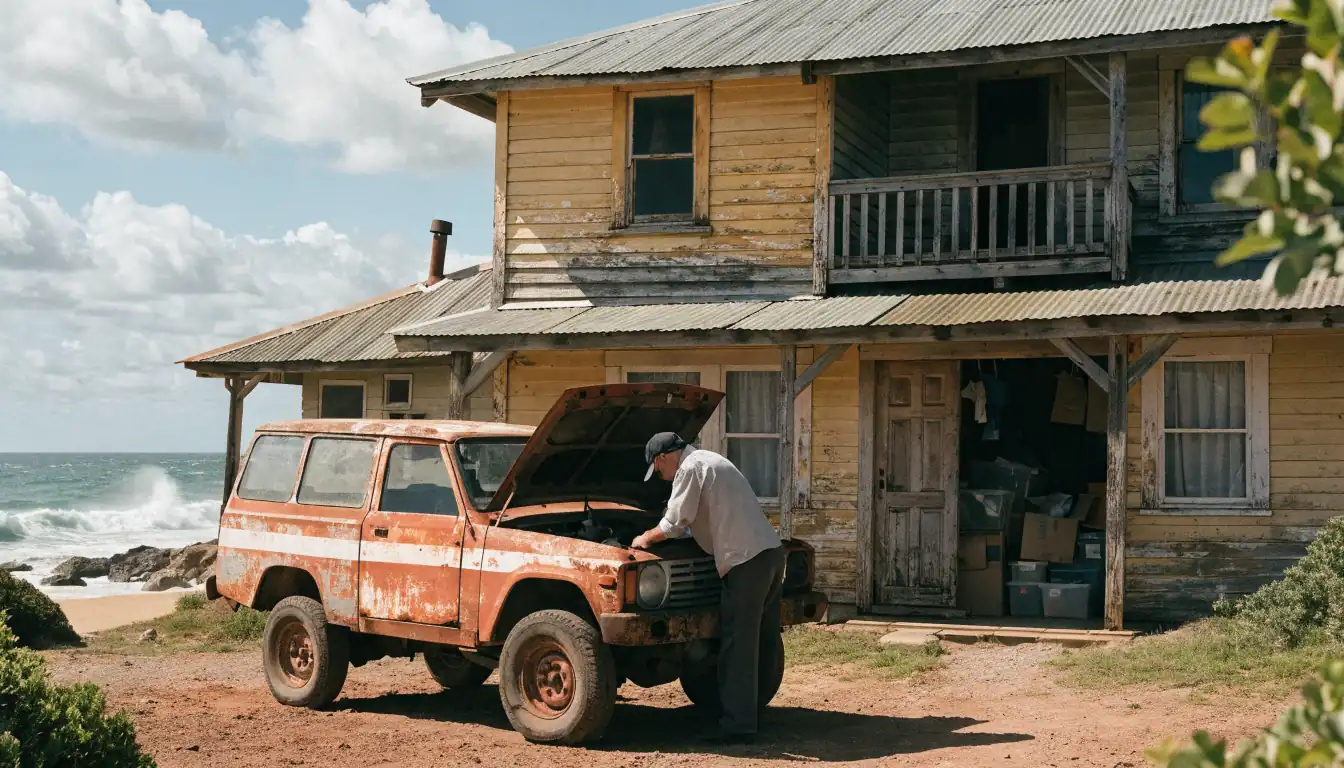 Mechanic standing by old ute on cliff road