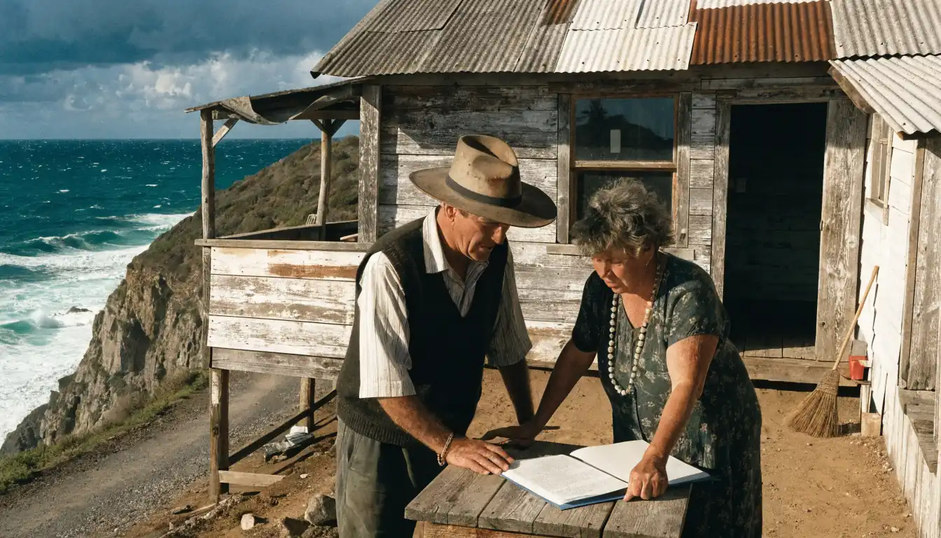 Two people reviewing documents on coastal cliff road.