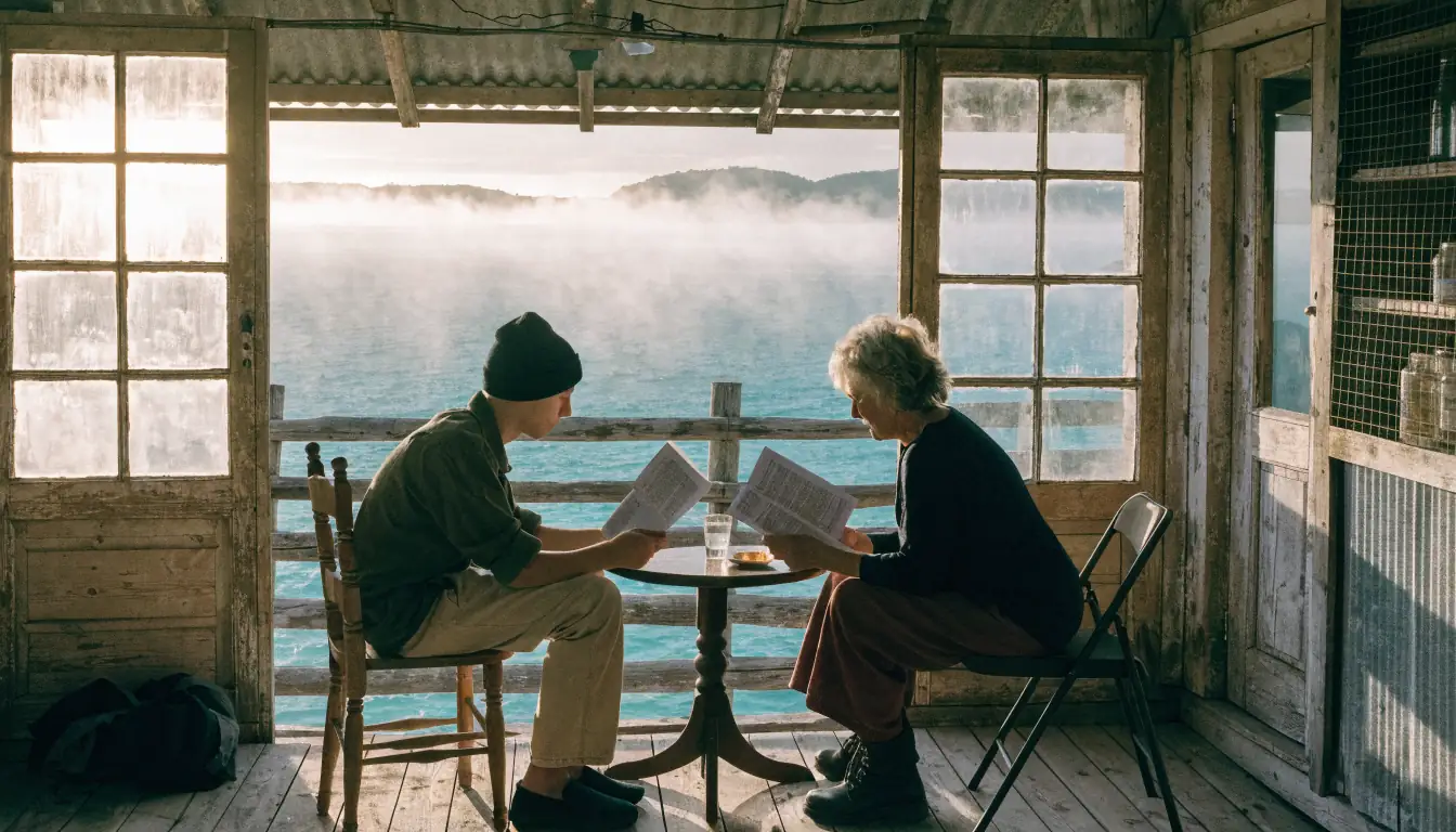 Two people comparing papers on sea verandah.